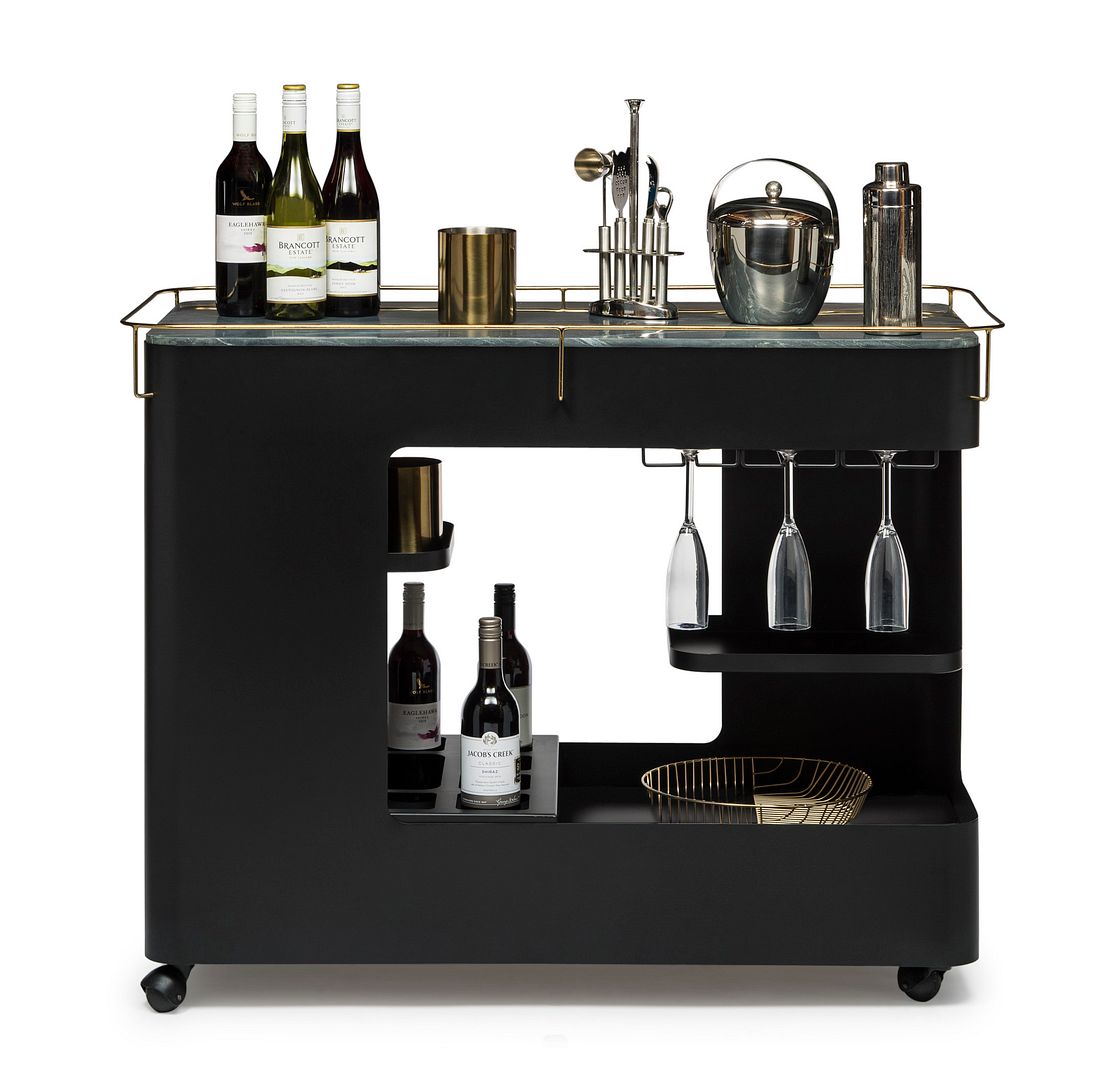 Black Gold Bar Cart Contemporary Wine Storage with Black Marble