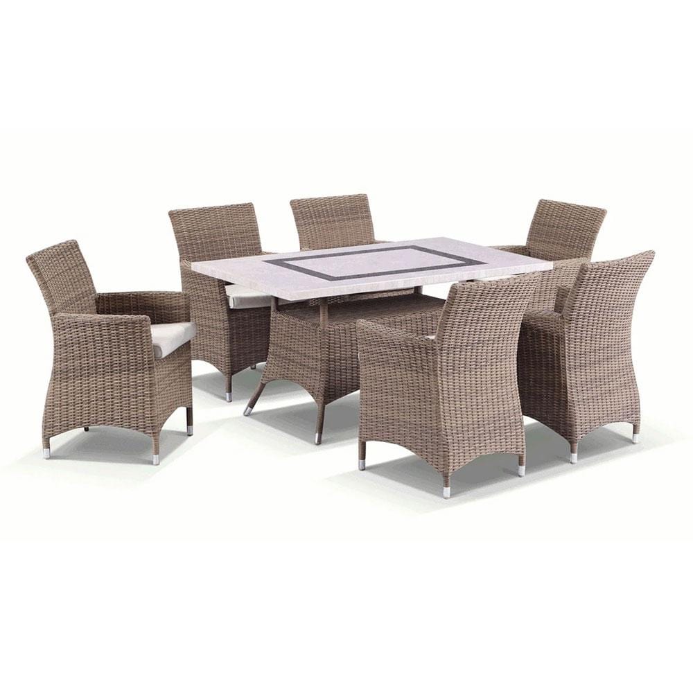 Caesar 6 Travertine Stone Outdoor Table With Half Round Wicker Outdoor
