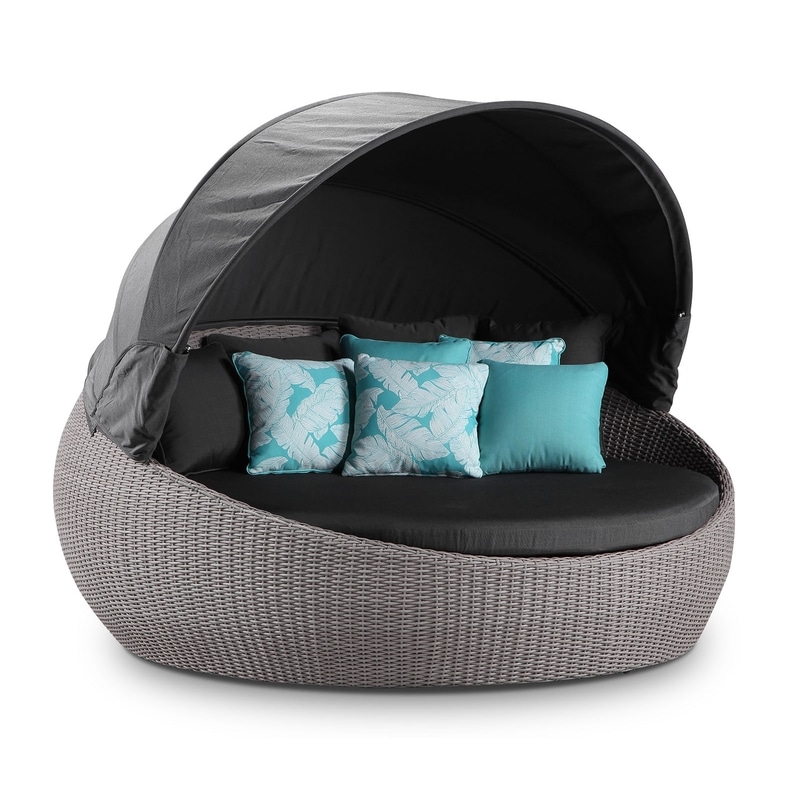 Large Newport Outdoor Wicker Round Daybed With Canopy In Sunbrella