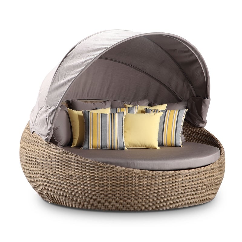 Large Newport Outdoor Wicker Round Daybed With Canopy In Sunbrella