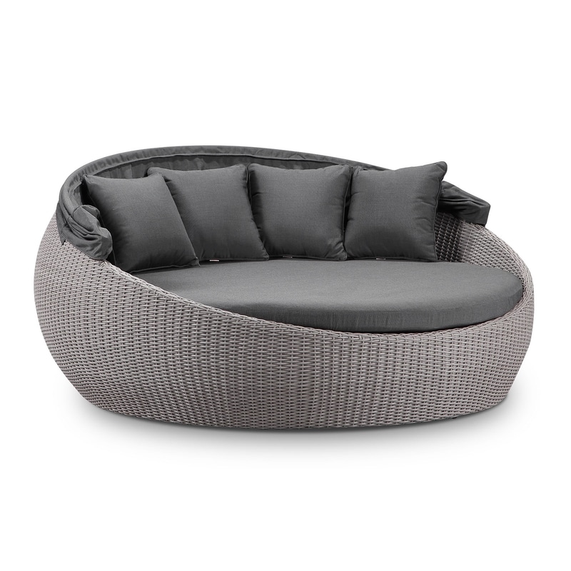 Large Newport Outdoor Wicker Round Daybed With Canopy In Sunbrella