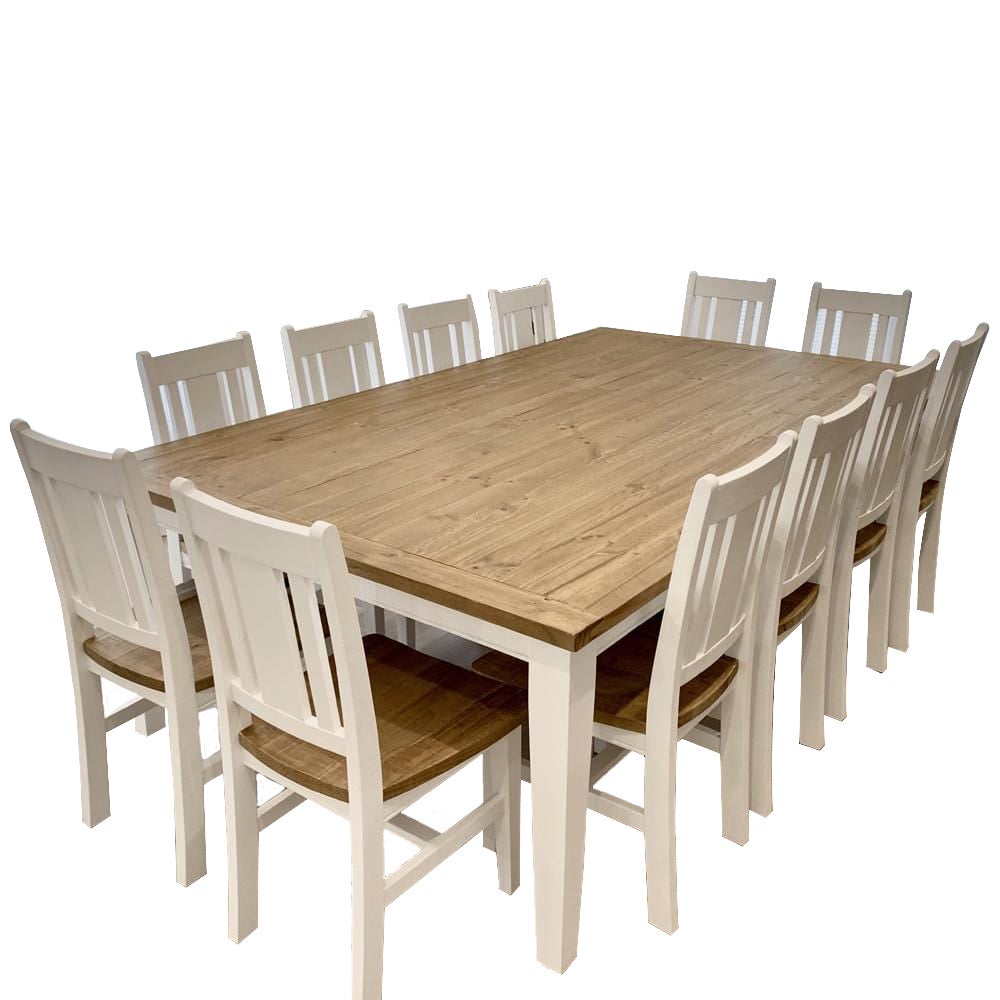 Leura Belle Large Rustic 12 Seater Dining Table And Chairs Setting