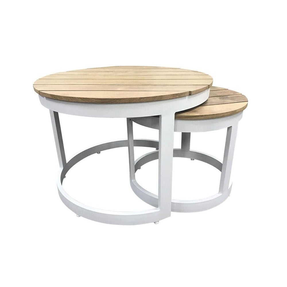 Round Industrial Aluminium Teak Top Coffee Table Set | Buy ...
