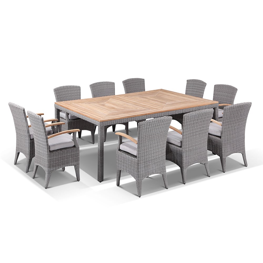 Sahara 10 Seat Outdoor Teak Top Dining Table And Kai Wicker Chairs