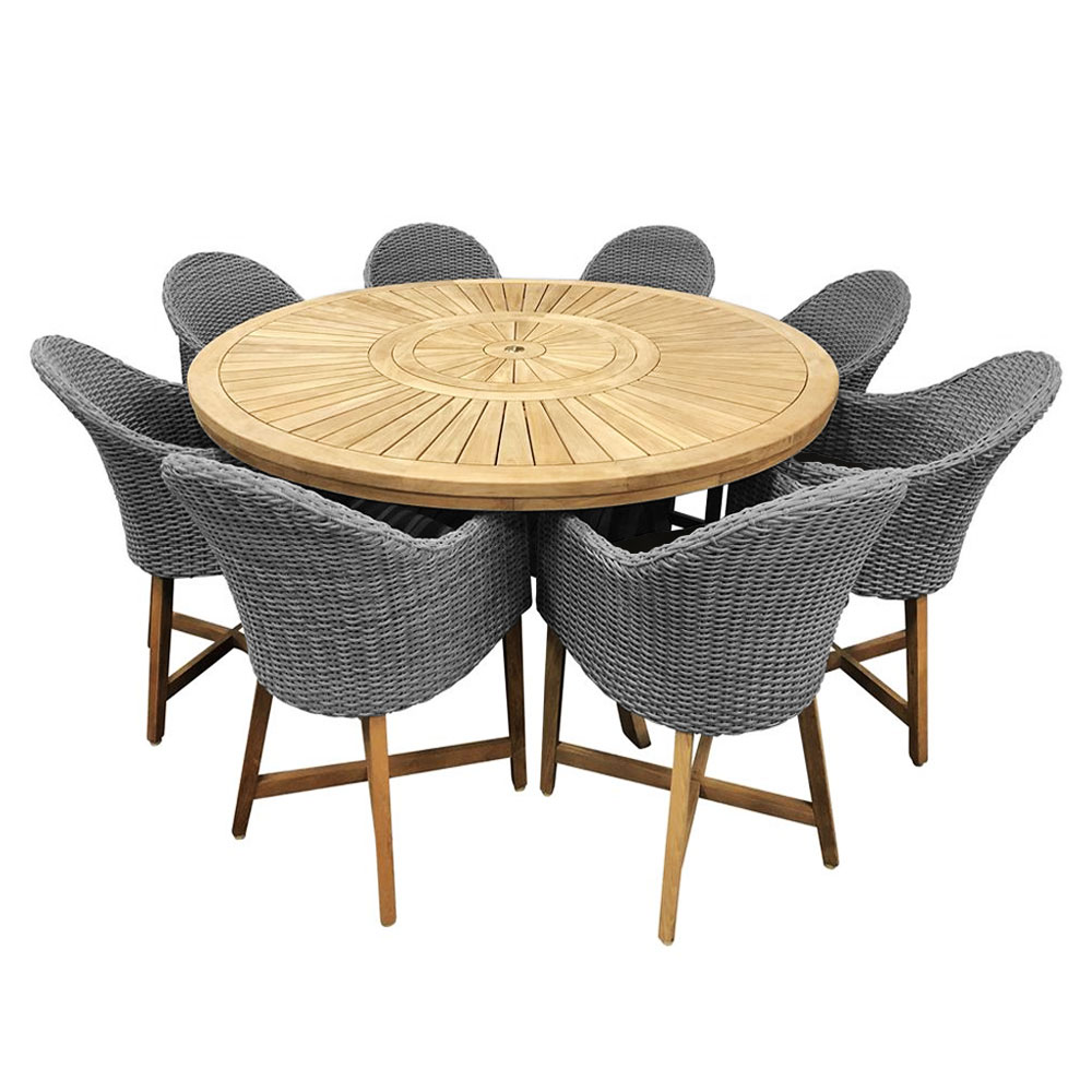 Solomon 1 8m Round Outdoor Teak Timber Dining Table With Coastal Wicker Chairs Buy Outdoor Dining Settings 1184851