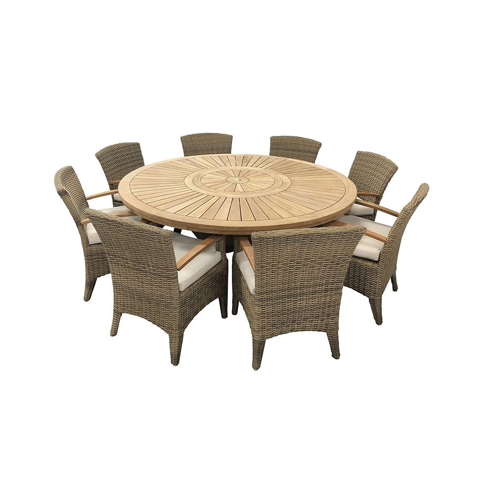 Solomon 1.8M Round Outdoor Teak Timber Table With Kai Wicker Chairs