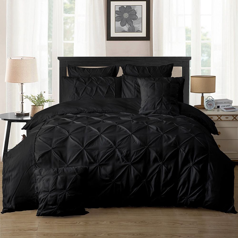 Diamond Pintuck Queen Size Duvet Doona Quilt Cover Set Black