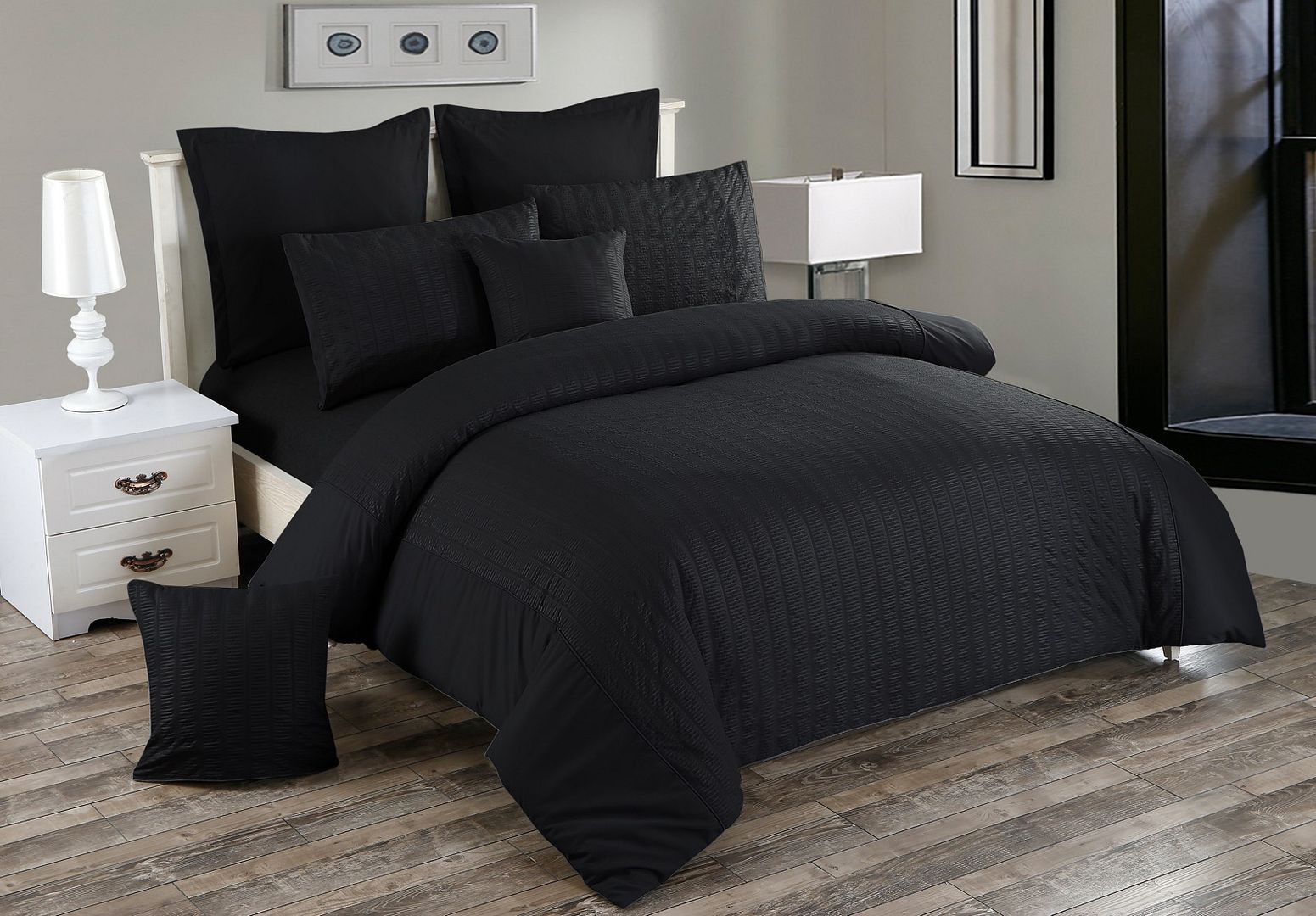 Super King Size Doona Seersucker Super King Size Quilt/Doona/Duvet Cover Set - Black | Buy