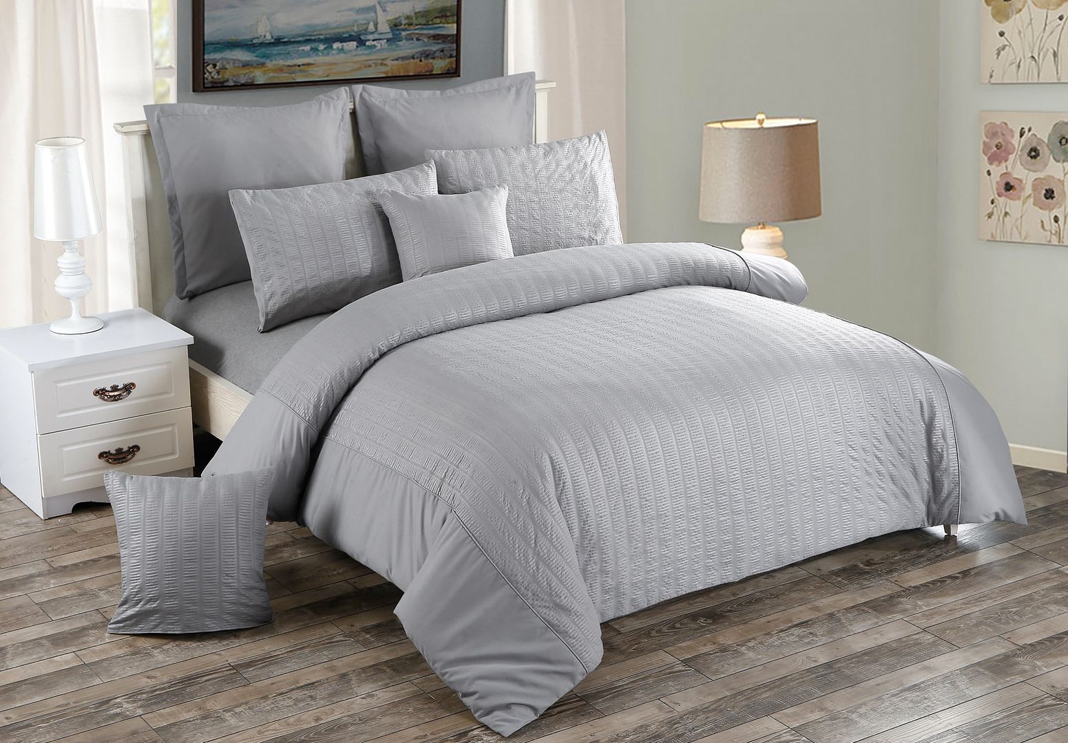 Seersucker Super King Size Quilt/Doona/Duvet Cover Set Grey Buy