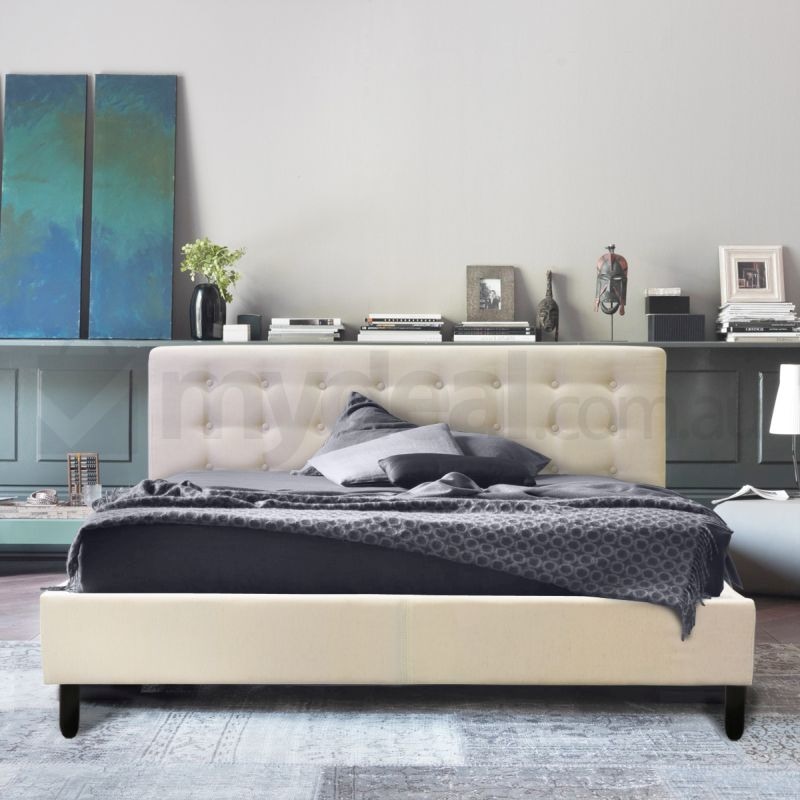 Oslo Fabric Oned Queen Bed Frame Canvas White