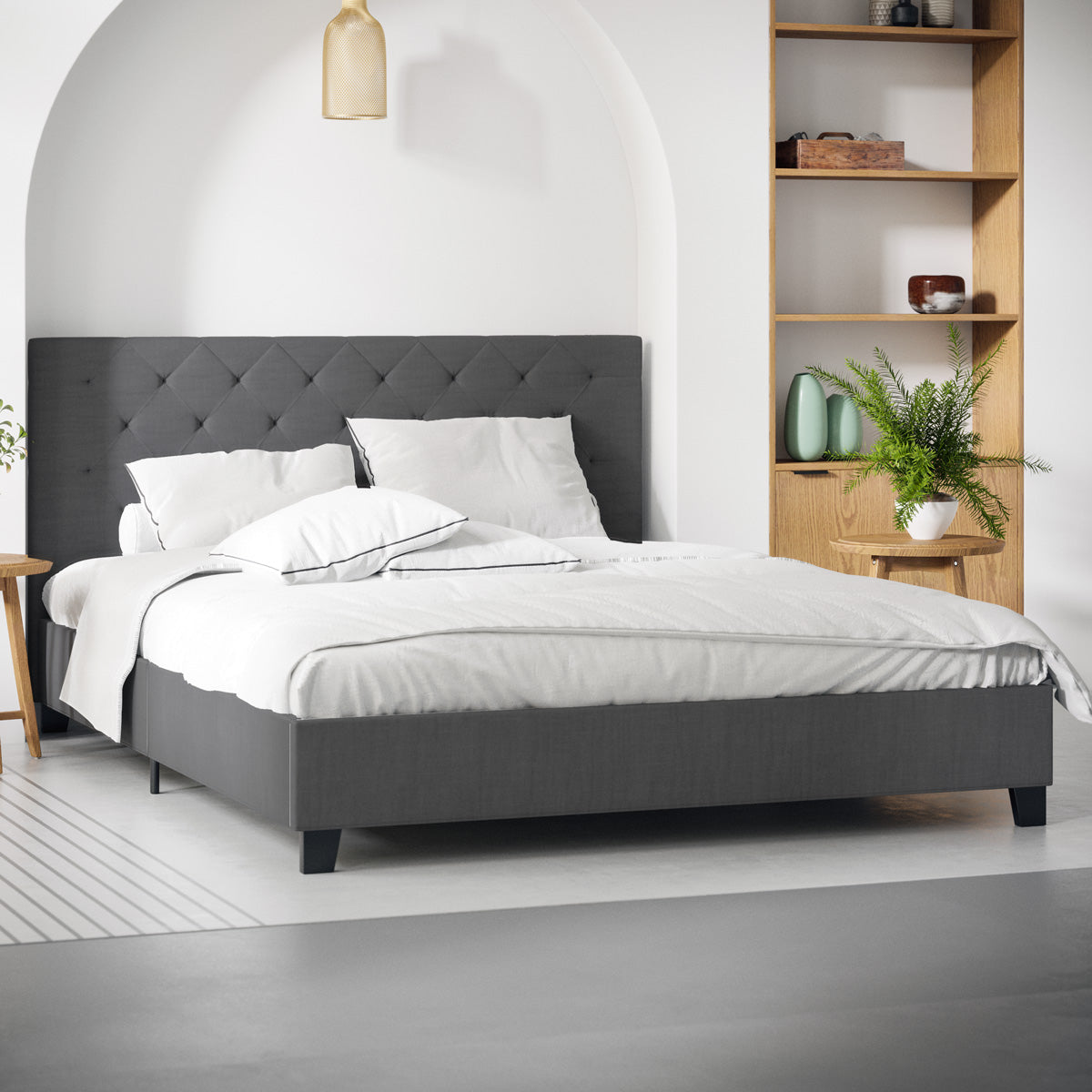 Charcoal Black Fabric Diamond Bed Frame in King Queen & Double Size Buy Bed Frames 1371809