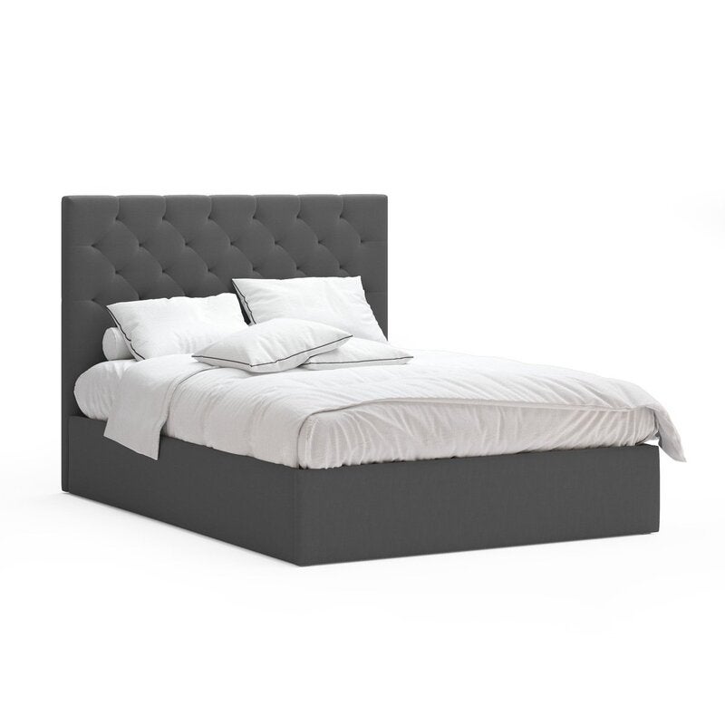 Fenwick Fabric Diamond Tufted Gas Lift Storage Bed Frame In King Queen Double Size Grey Charcoal Beige