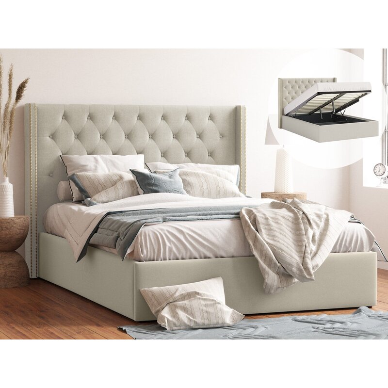 Giselle Gas Lift Storage Wing Bed Frame with Studs in King, Queen