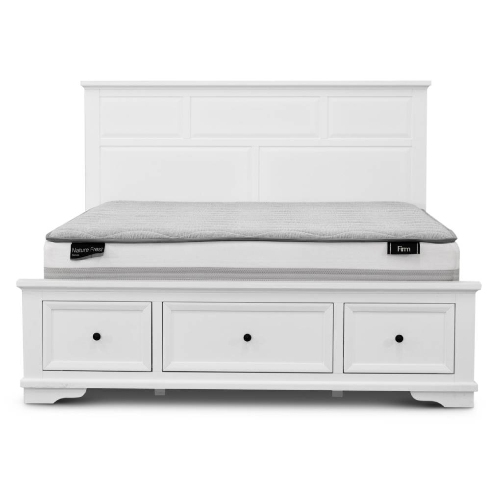 VI Venti Acacia (Pine) and MDF Timber Queen Bed with Storage White Wash