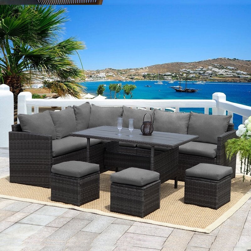 Bondi 2-in-1 Wicker Outdoor Sofa Lounge Dining Set - Dark Grey Cushion