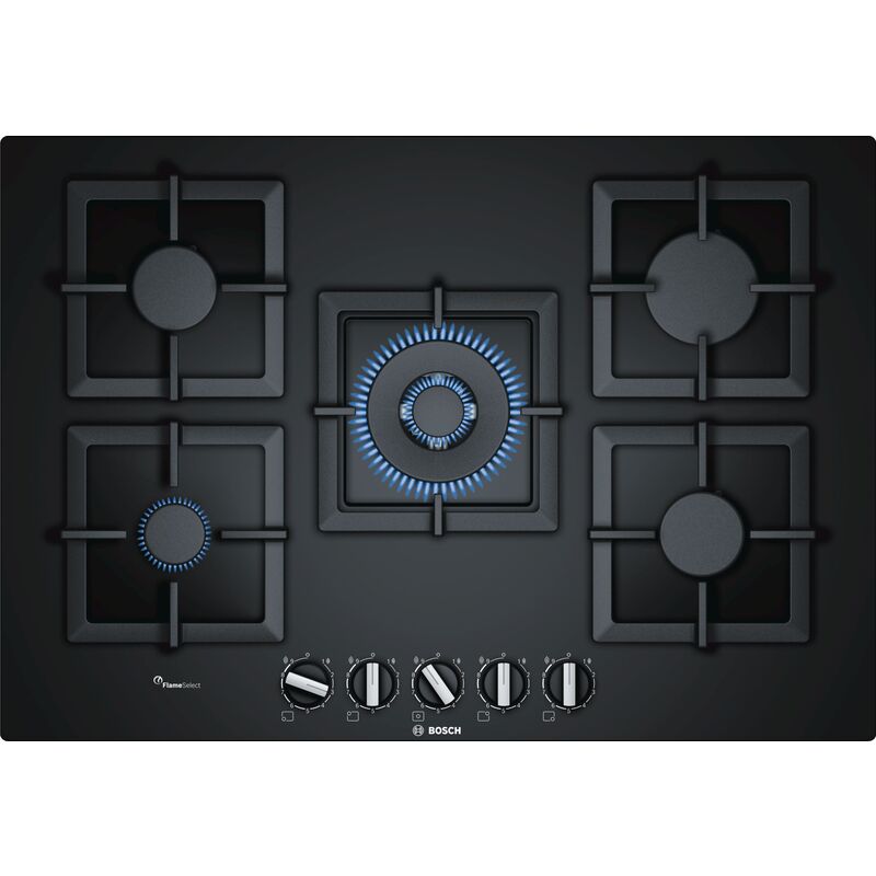 Bosch 75cm Series 6 Black Tempered Glass Gas Cooktop with FlameSelect