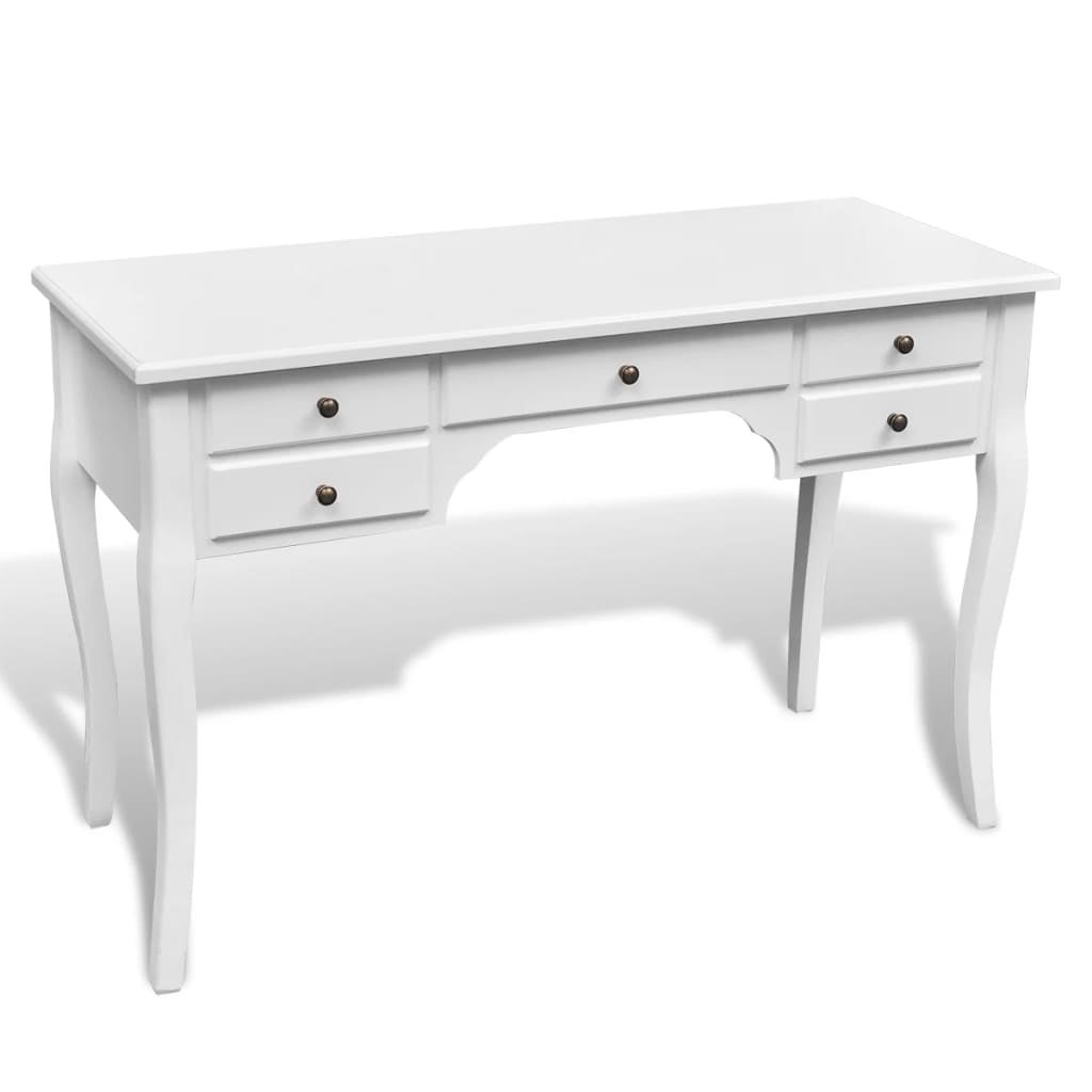 120cm White Wooden French Desk w/ Curved Legs and 5 Drawers Study