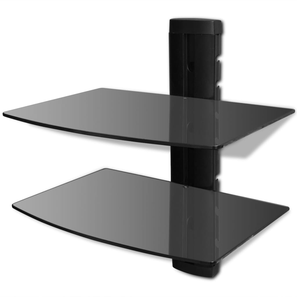 vidaXL 2tier Wall Mounted Glass DVD Shelf Black Holder Receiver