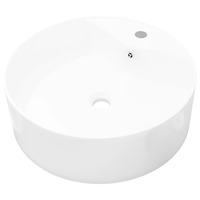 vidaXL Ceramic Bathroom Sink Faucet/Overflow Hole White Round Fixture Basin
