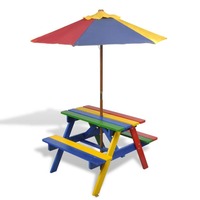 vidaXL Kids Picnic Table & Benches with Parasol Multicolours Picnic Furniture