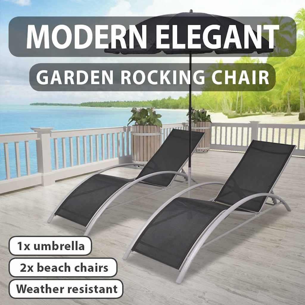 vidaXL Sun Lounge Umbrella Set 3 Piece Aluminium Black Recliner Chair