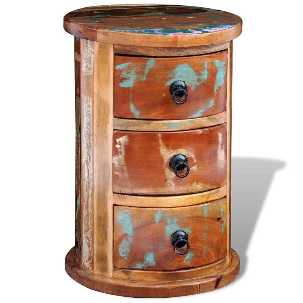 Reclaimed Solid Wood Round Storage Cabinet 3 Drawers Side Table