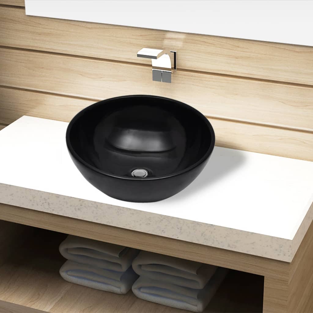 vidaXL Ceramic Bathroom Sink Black Round Above Counter Washroom Fixture