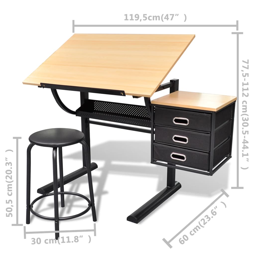 Vidaxl Three Drawer Drawing Table Tiltable Tabletop Computer