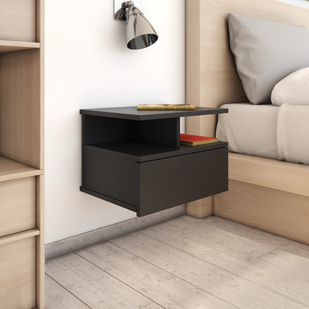vidaXL 2x Floating Nightstand Black Chipboard Bedside Side End