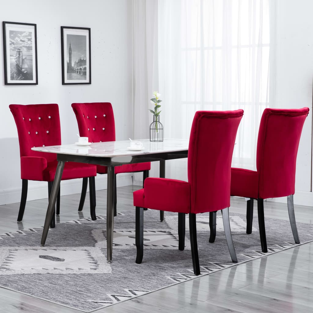 vidaXL 4x Dining Chair with Armrests Red Velvet Foam Padded High Back