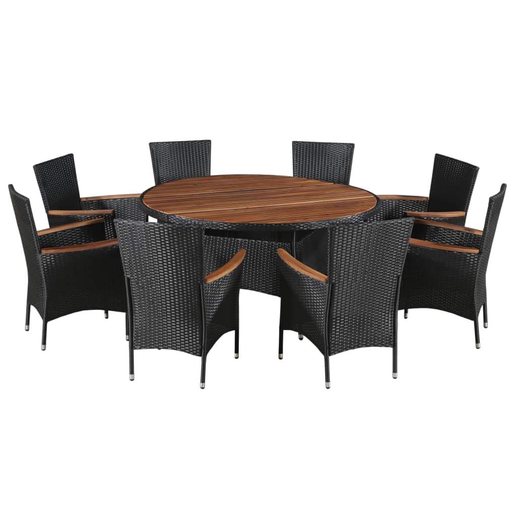 vidaXL 9 Piece Outdoor Dining Set Poly Rattan and Acacia Wood Black