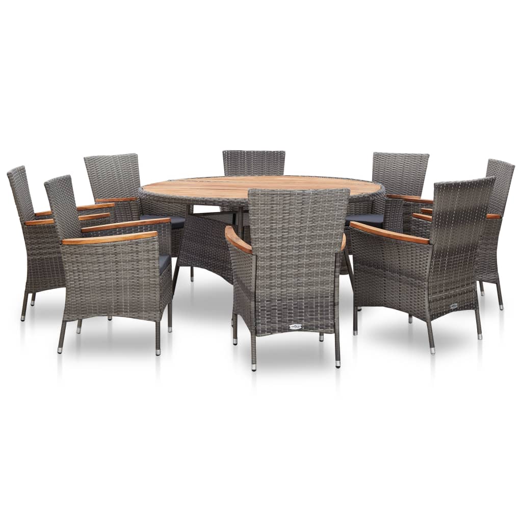 vidaXL 9 Piece Solid Acacia Wood Outdoor Dining Set Poly Rattan Grey