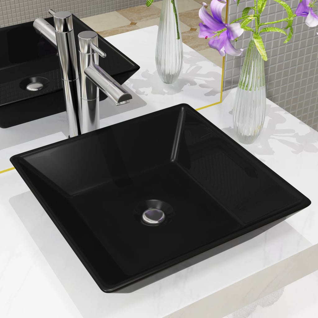 vidaXL Basin Ceramic Square Black Countertop Wash Hand Bowl Vessel Sink