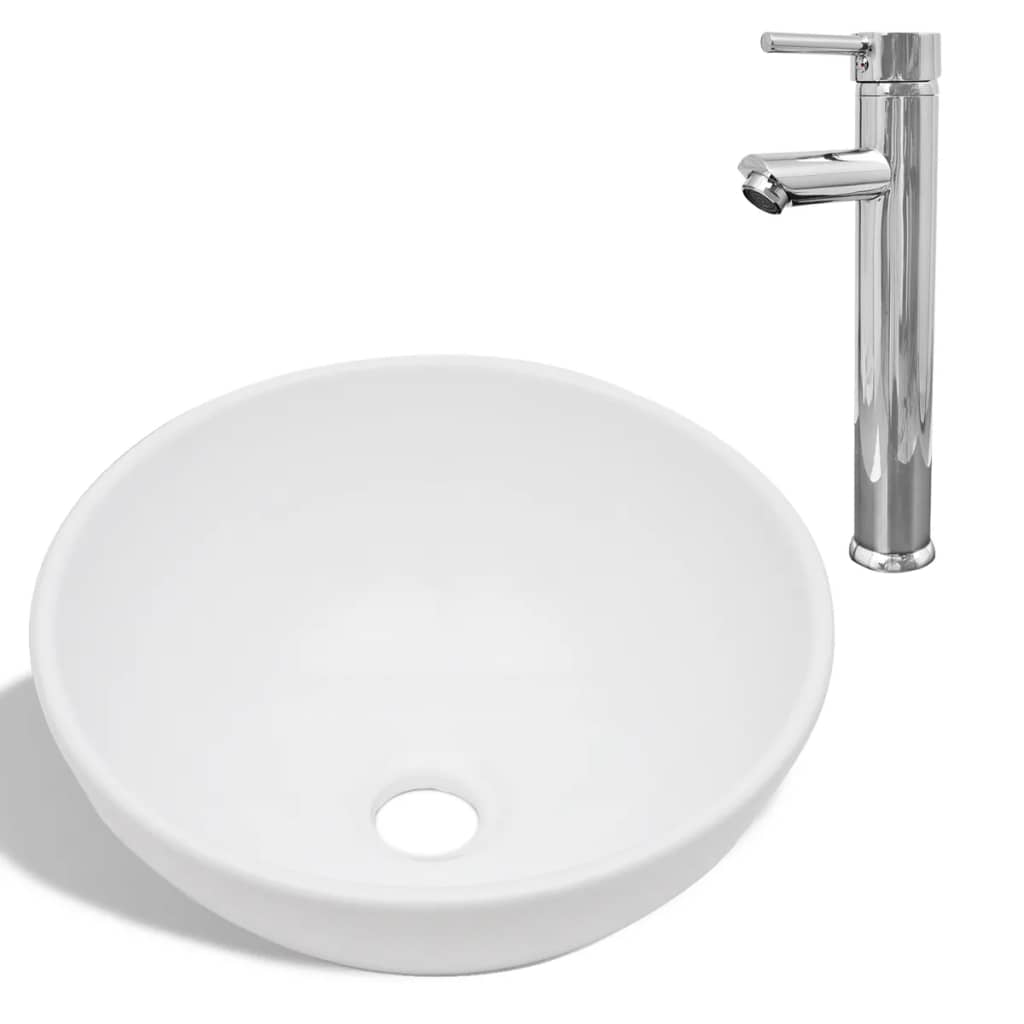 vidaXL Bathroom Basin with Mixer Tap Ceramic Round White ...
