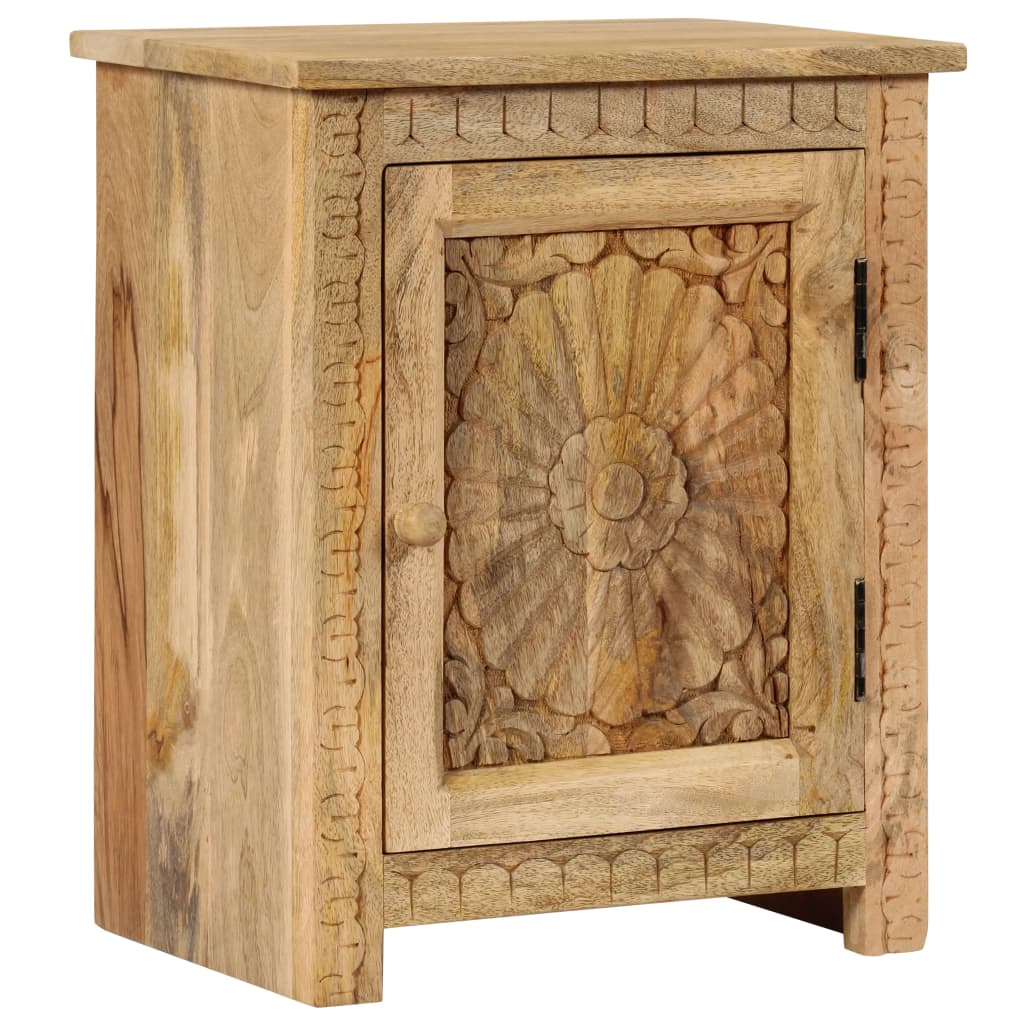 vidaXL Solid Mango Wood Bedside Table Carved Pattern Nightstand Side