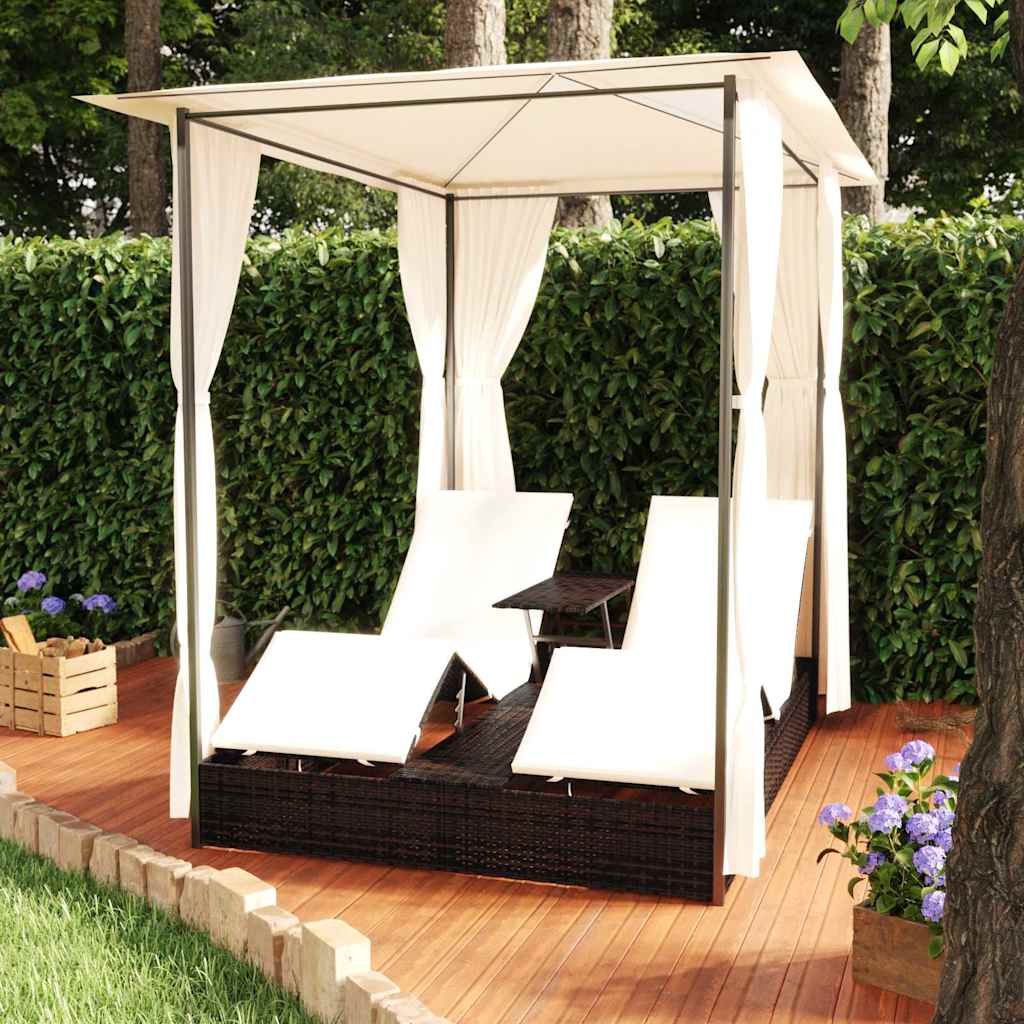 Vidaxl Double Sun Lounger With Curtains Poly Rattan Brown Outdoor