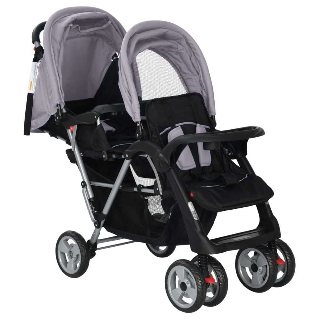vidaXL Tandem Stroller Steel Foldable 2 Seater Prams Toddler Pushchair