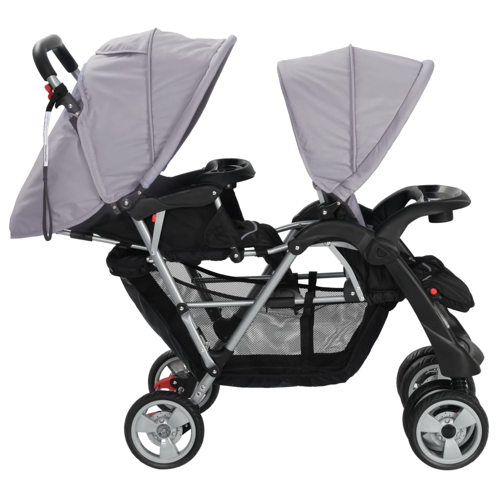vidaXL Tandem Stroller Steel Foldable 2 Seater Prams Toddler Pushchair ...