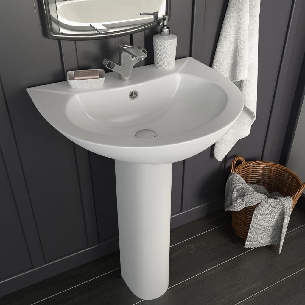 vidaXL Freestanding Basin Ceramic White with Pedestal Wash Hand Sink