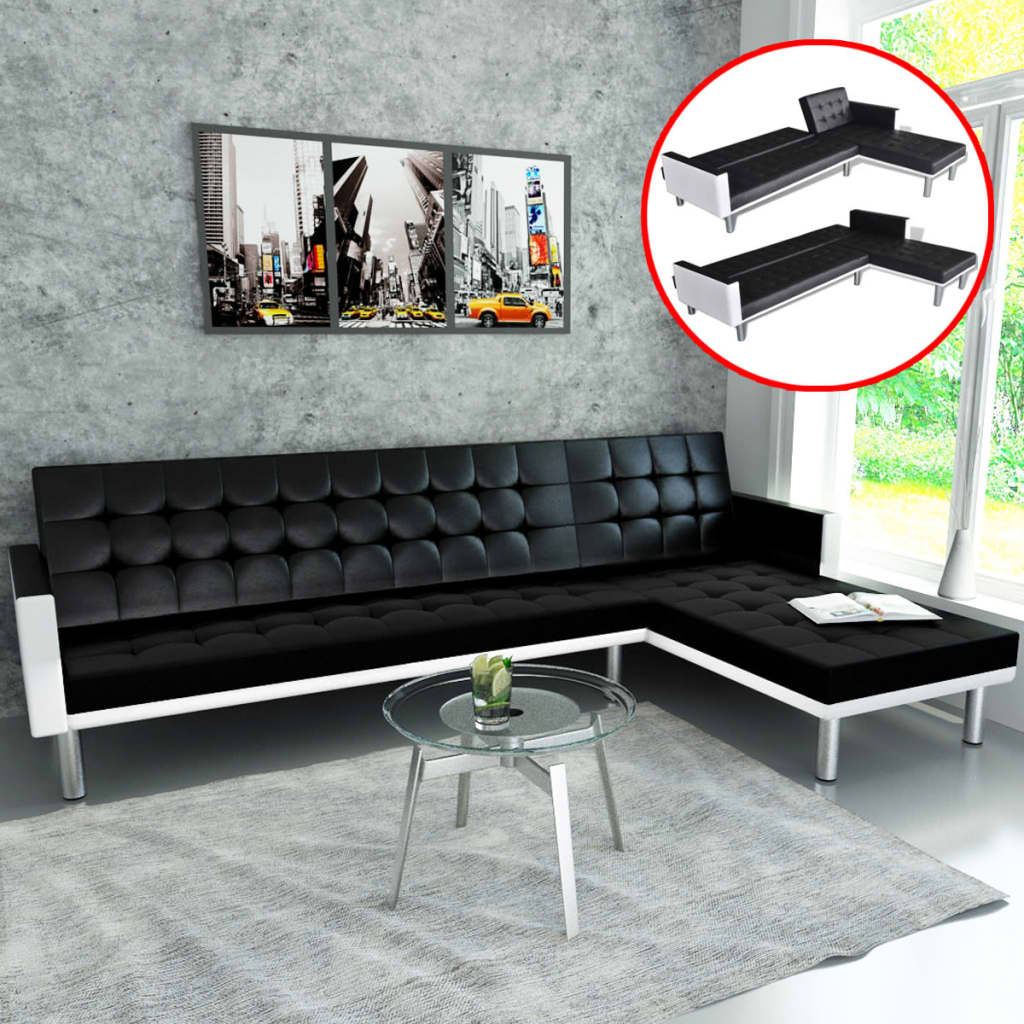 vidaXL Lshaped Sofa Bed Faux Leather Black Sleeper Couch Lounge