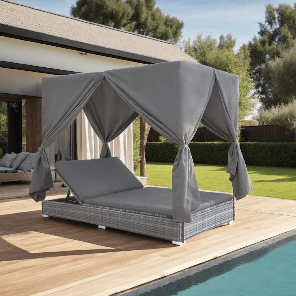 vidaXL Outdoor Lounge Bed with Curtains Poly Rattan Grey Weather
