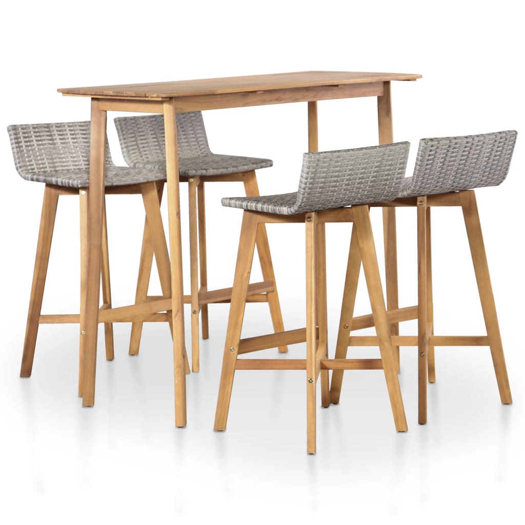 vidaXL Solid Acacia Wood Poly Rattan Outdoor Bar Set 5 Piece Table