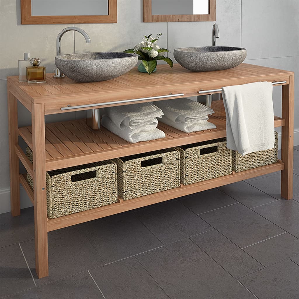 vidaXL Solid Teak Wood Bathroom Vanity with 4 Baskets Washroom