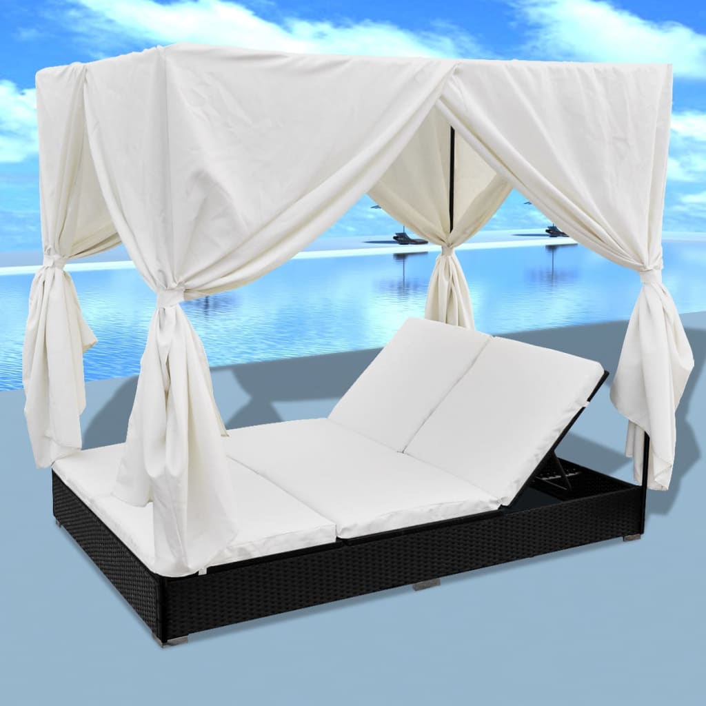 vidaXL Sunlounger with Curtains Poly Rattan Black Outdoor Patio Lounge