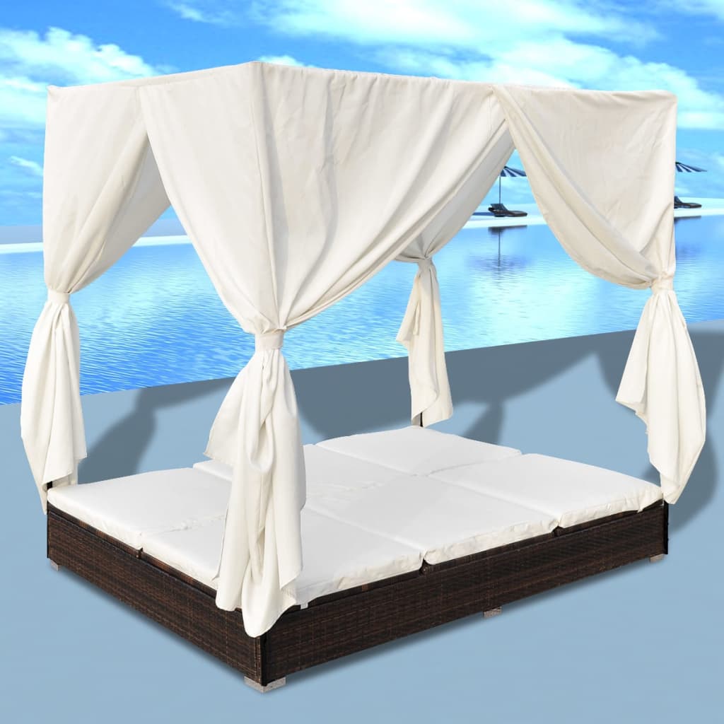 Vidaxl Sunlounger With Curtains Poly Rattan Brown Outdoor Patio
