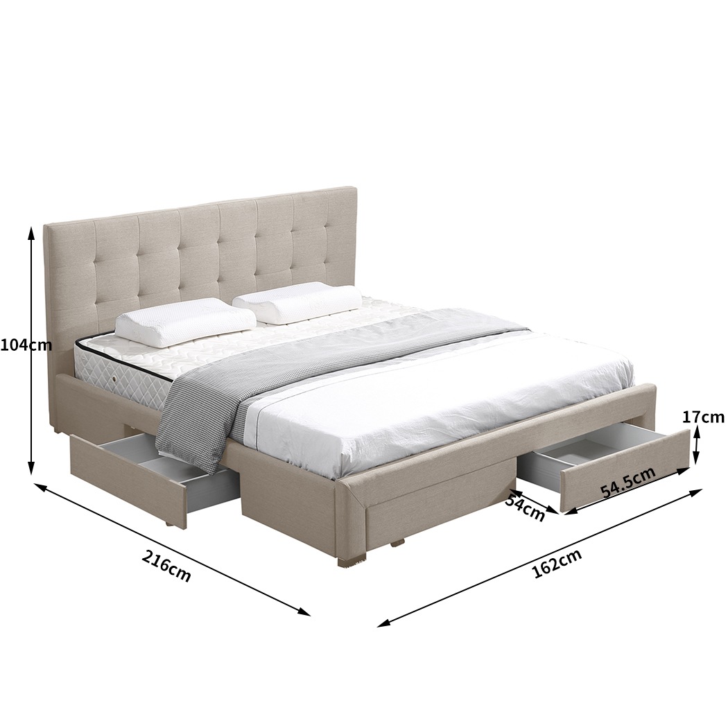 Levede Bed Frame Queen Fabric With Drawers Storage Wooden Mattress