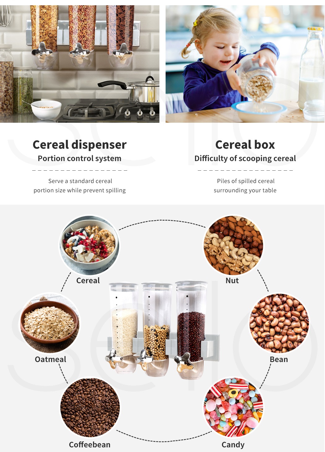 Wall Mounted Triple Cereal Dispenser Dry Food Storage Container