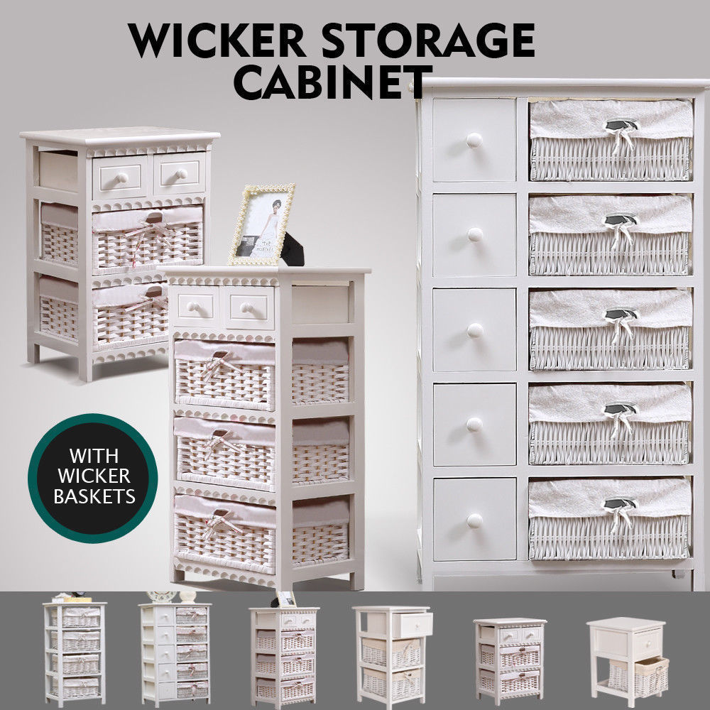 White Bedside Tables Wood Drawer Wicker Storage with Baskets