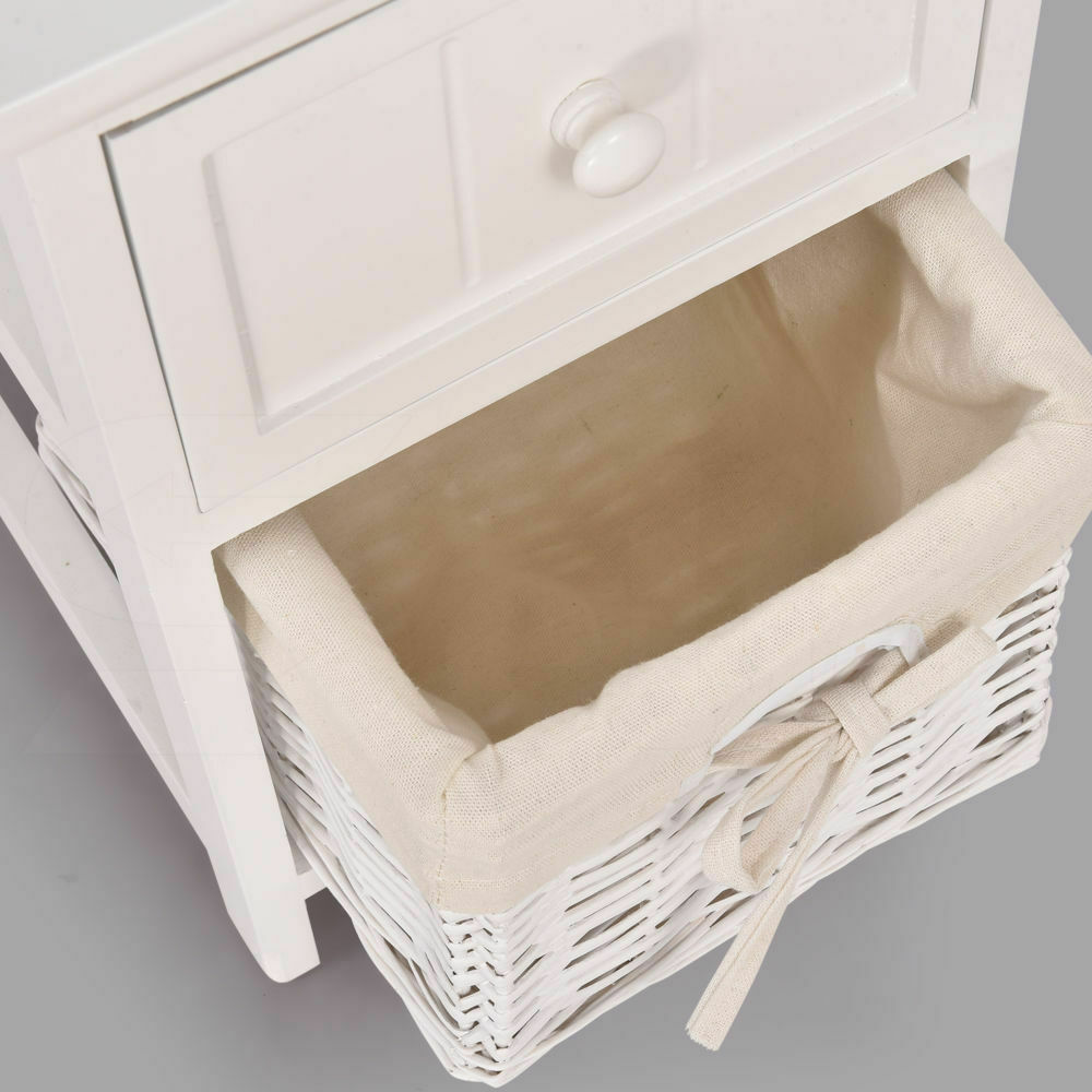 White Bedside Tables Wood Drawer Wicker Storage with Baskets