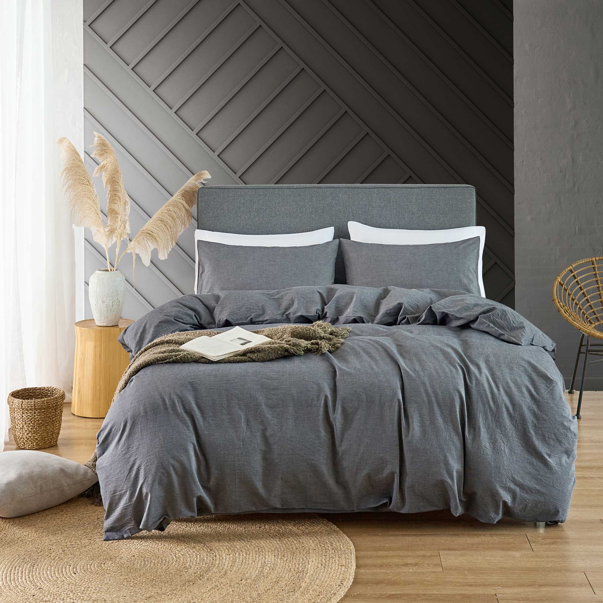 100 Washed Cotton Grey 3pcs Quilt Cover Set (Queen / King / Super King